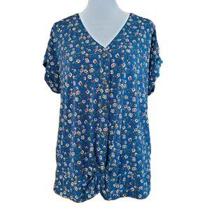 Flower & Feather Women's Blue Floral Top Sz L Knot Front Buttons Cottagecore